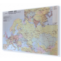 Europa, Azja sieć kolejowa 140x95cm. Mapa w ramie aluminiowej.
