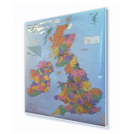 Wyspy Brytyjskie/Wielka Brytania i Irlandia administracyjno-drogowa 96x111cm. Mapa w ramie aluminiowej.