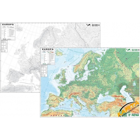 Europa ogólnogeograficzna(fizyczna)/konturowa (do ćwiczeń) 204x136cm. Mapa ścienna dwustronna.