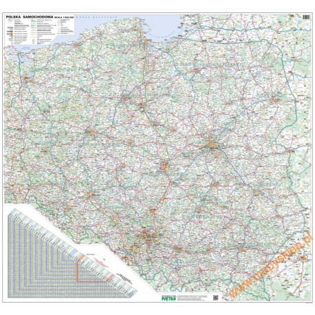 Polska samochodowa (drogowa) 152x136cm. Mapa ścienna.