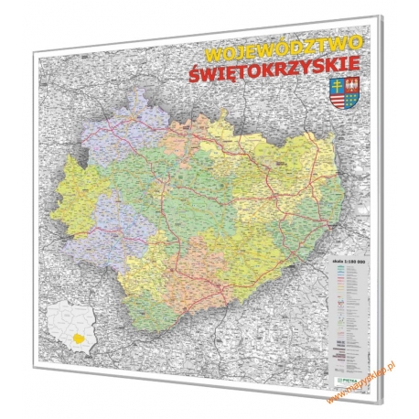 Świętokrzyskie administracyjno-drogowa 100x118 cm. Mapa w ramie aluminiowej.