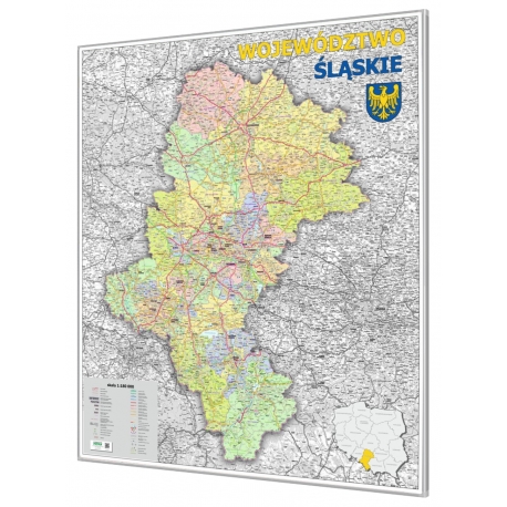 Śląskie administracyjno-drogowa 104x116cm. Mapa w ramie aluminiowej.