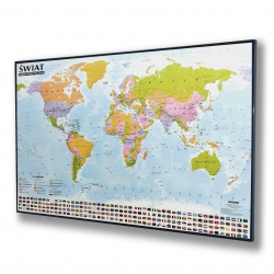 Świat Polityczny 138x95cm. Mapa w czarnej ramie aluminiowej.