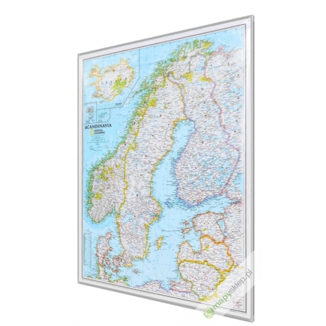 Skandynawia/Islandia, Norwegia, Szwecja, Finlandia, Dania, Litwa, Łotwa, Estonia 64,5x77cm. Mapa w ramie aluminiowej.