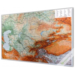 Kazachstan,Kirgistan,Tajikistan, Turkmenistan,Uzbekistan fizyczno-drogowa 126x90cm. Mapa w ramie aluminiowej.