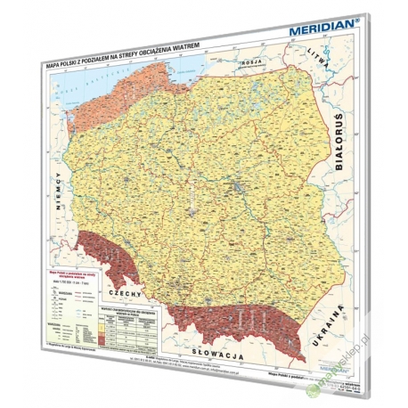 Polska z podziałem na srefy obciązenia wiatrem 130x120cm. Mapa w ramie aluminiowej.