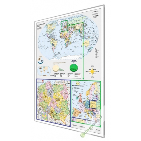 Świat, Europa, Polska polityczna 122x160cm. Mapa w ramie aluminiowej.
