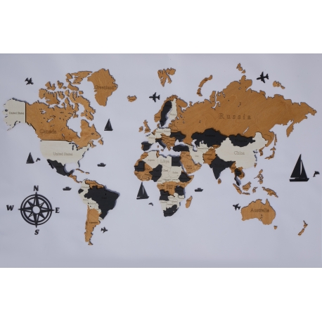 Świat 3D granice,państwa,stolice,stany Mapa drewniana świata 3D 90x56cm b.dodatków