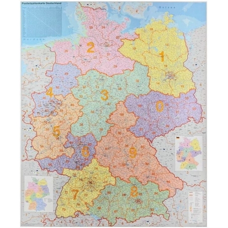 Niemcy administracyjna z kodami pocztowymi 107x135cm. Mapa ścienna.