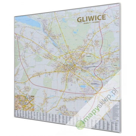 Gliwice - plan miasta 126x138cm. Mapa w ramie aluminiowej.