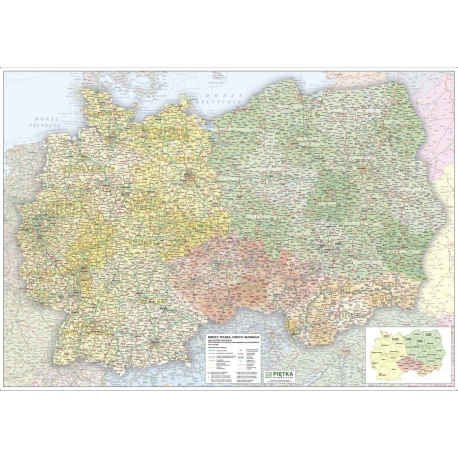 Niemcy, Polska, Czechy, Słowacja administracyjno-drogowa140x98cm. Mapa ścienna.