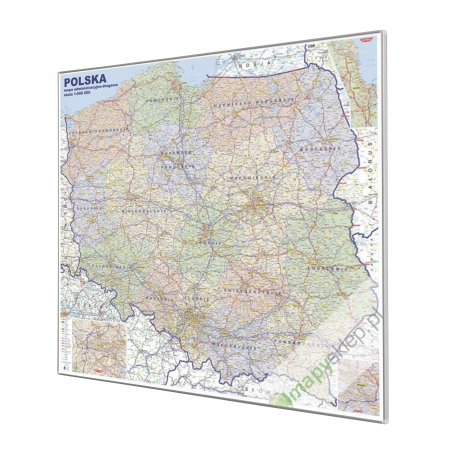 Polska Administracyjno-drogowa 144x134 cm. Mapa w ramie ALU.