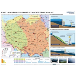 Wody powierzchniowe i hydroenergetyka  w Polsce 160x120cm. Mapa ścienna.