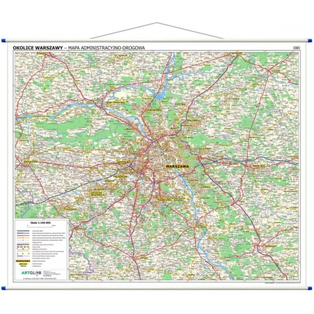 Okolice Warszawy administracyjno-drogowa 120x100cm. Mapa ścienna.