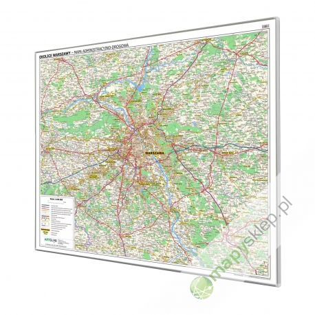 Okolice Warszawy administracyjno-drogowa 120x100cm. Mapa ścienna.