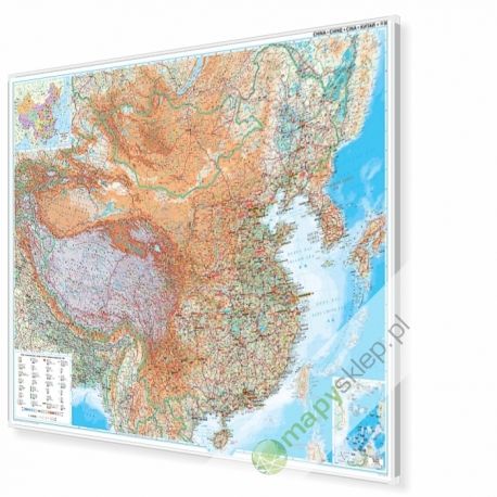 Chiny fizyczno-drogowa 130x90 cm. Mapa w ramie aluminiowej.