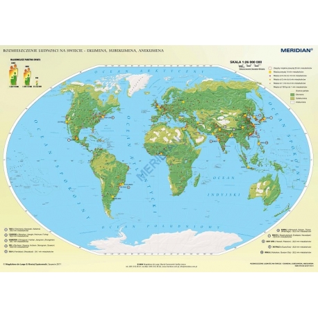 Świat rozmieszczenie ludności - ekumena, subekumena i anekumena 150x110cm. Mapa ścienna.