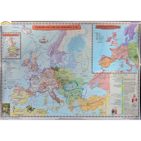 Europa wczesnośredniowieczna (od VIII do połowy X wieku) 150x110 cm. Mapa ścienna.