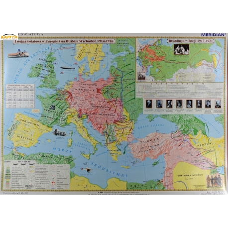 I Wojna Światowa w Europie i na Bliskim Wschodzie w latach 1914-16, 160x120cm. Mapa ścienna.