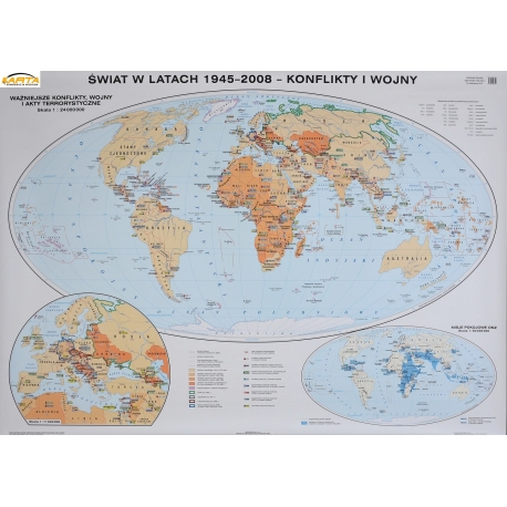 Świat w latach 1945-2008-konflikty i wojny/Bloki polityczno-wojskowe na świecie 160x120cm. Mapa ścienna dwustronna.