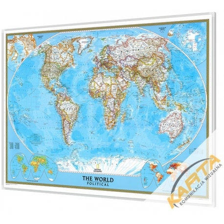 Świat Polityczny 111x77cm. Mapa w ramie aluminiowej.