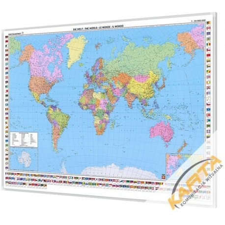 Świat Polityczny 177x122cm. Mapa w ramie aluminiowej.