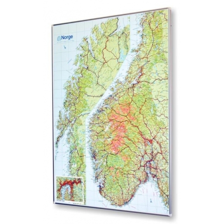 Norwegia drogowo-fizyczna 78x103 cm. Mapa w ramie aluminiowej.