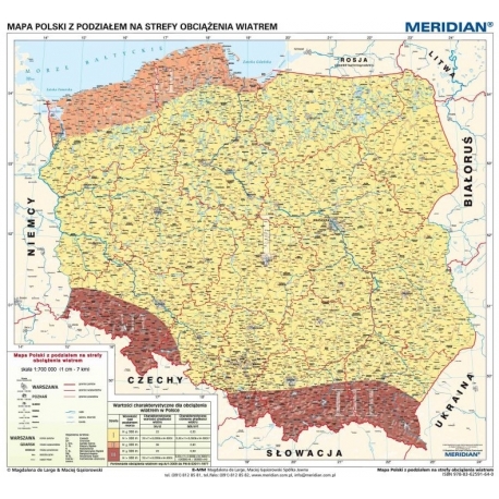 Polska z podziałem na srefy  obciązenia wiatrem 120x110cm. Mapa ścienna.